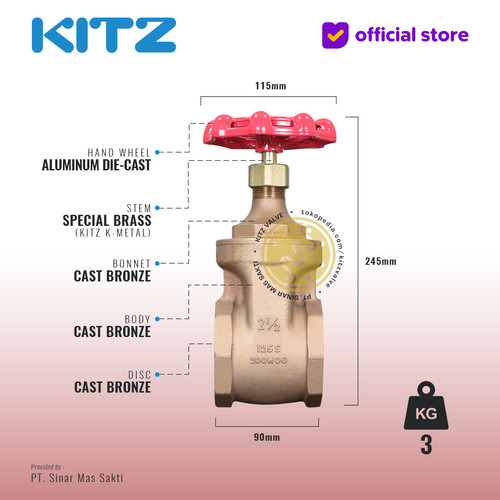 KITZ Bronze Gate Valve Fig. 125 H , 2 1/2" - 65A - 65mm , Drat / Screw