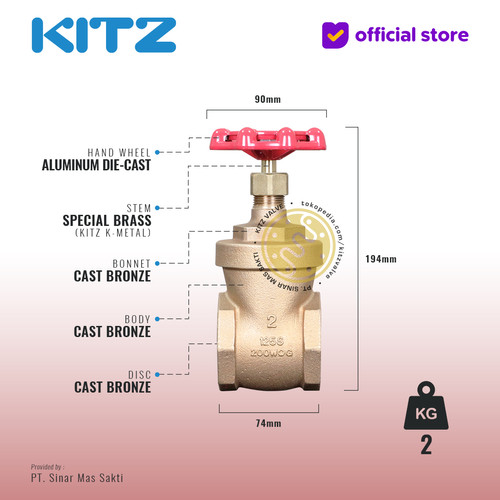 KITZ Bronze Gate Valve Fig. 125 H , 2" - 50A - 50mm , Drat / Screw
