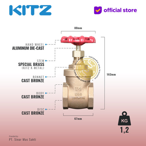 KITZ Bronze Gate Valve Fig. 125 H , 1 1/2" - 40A - 40mm , Drat / Screw