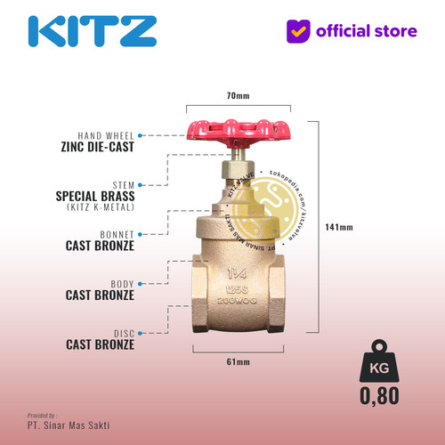 KITZ Bronze Gate Valve Fig. 125 H , 1 1/4" - 32A - 32mm , Drat / Screw