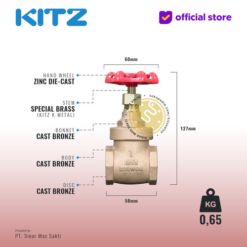 KITZ Bronze Gate Valve Fig. 125 H , 1" - 25A - 25mm , Drat / Screw