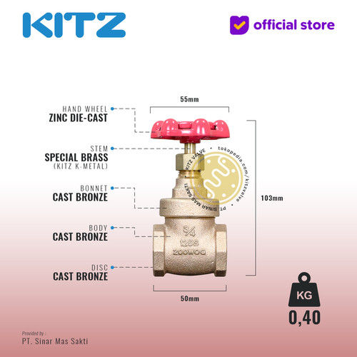 KITZ Bronze Gate Valve Fig. 125 H , 3/4" - 20A - 20mm , Drat / Screw