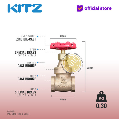 KITZ Bronze Gate Valve Fig. 125 H , 1/2" - 15A - 15mm , Drat / Screw