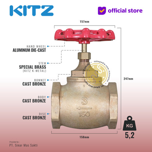 KITZ Bronze Globe Valve Fig. 150 C , 3" - 80A - 80mm , Drat / Screw