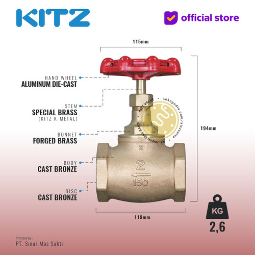 KITZ Bronze Globe Valve Fig. 150 C , 2" - 50A - 50mm , Drat / Screw