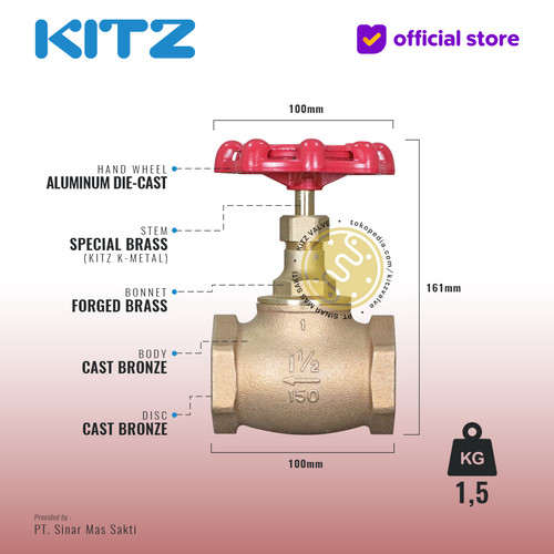 KITZ Bronze Globe Valve Fig. 150 C , 1 1/2" - 40mm , Drat / Screw