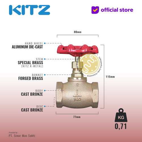 KITZ Bronze Globe Valve Fig. 150 C , 1" - 25A - 25mm , Drat / Screw