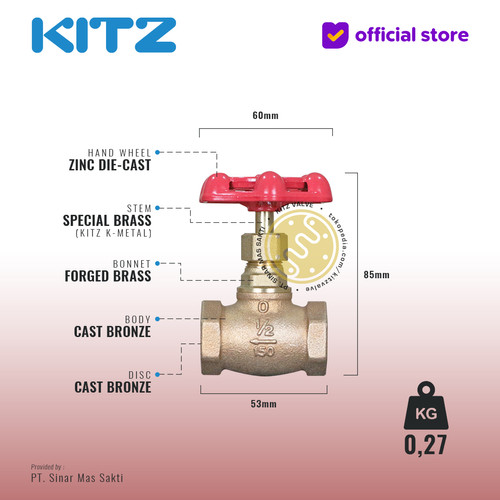 KITZ Bronze Globe Valve Fig. 150 C , 1/2" - 15A - 15mm , Drat / Screw
