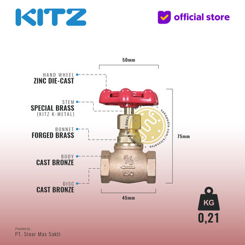 KITZ Bronze Globe Valve Fig. 150 C , 3/8" - 10A - 10mm , Drat / Screw