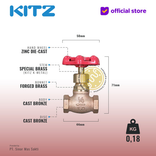 KITZ Bronze Globe Valve Fig. 150 C , 1/4" - 8A - 8mm , Drat / Screw