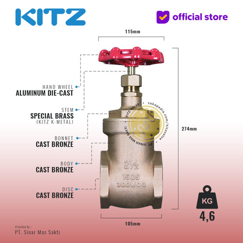 KITZ Bronze Gate Valve Fig. 150 E , 2 1/2" - 65A - 65mm , Drat / Screw