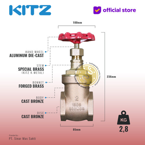 KITZ Bronze Gate Valve Fig. 150 E , 2" - 50A - 50mm , Drat / Screw