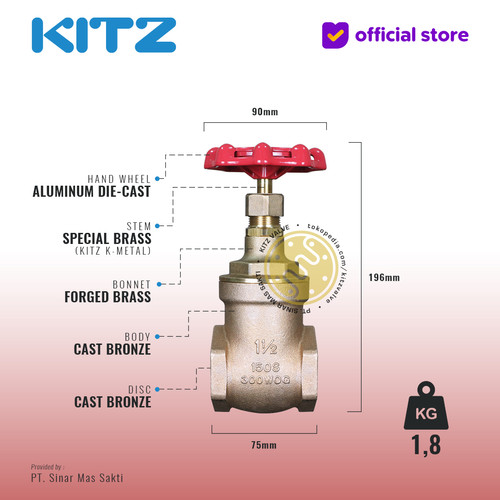 KITZ Bronze Gate Valve Fig. 150 E , 1 1/2" - 40A - 40mm , Drat / Screw