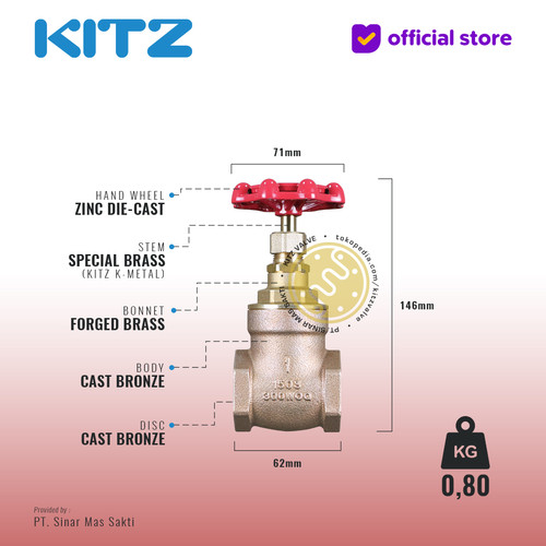 KITZ Bronze Gate Valve Fig. 150 E , 1" - 25A - 25mm , Drat / Screw