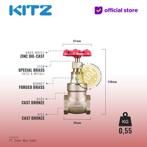 KITZ Bronze Gate Valve Fig. 150 E , 3/4" - 20A - 20mm , Drat / Screw