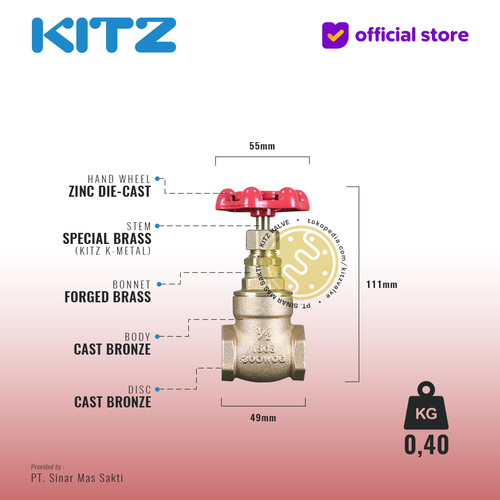 KITZ Bronze Gate Valve Fig. 150 E , 1/2" - 15A - 15mm , Drat / Screw