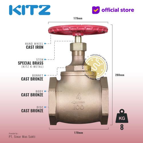 KITZ Bronze Globe Valve Fig. 100 A , 4" - 100A - 100mm , Drat / Screw