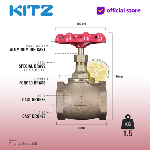 KITZ Bronze Globe Valve Fig. 100 A , 2" - 50A - 50mm , Drat / Screw