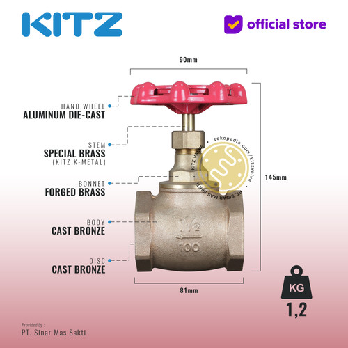 KITZ Bronze Globe Valve Fig. 100 A , 1 1/2" - 40mm , Drat / Screw