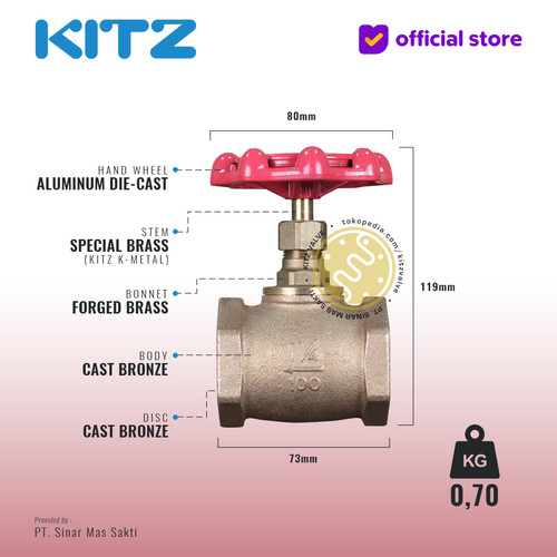 KITZ Bronze Globe Valve Fig. 100 A , 1 1/4" - 32mm , Drat / Screw