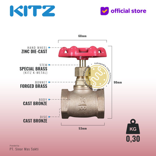 KITZ Bronze Globe Valve Fig. 100 A , 3/4" - 20A - 20mm , Drat / Screw