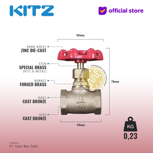 KITZ Bronze Globe Valve Fig. 100 A , 1/2" - 15A - 15mm , Drat / Screw