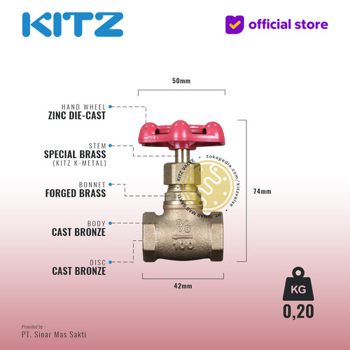 KITZ Bronze Globe Valve Fig. 100 A , 3/8" - 10A - 10mm , Drat / Screw