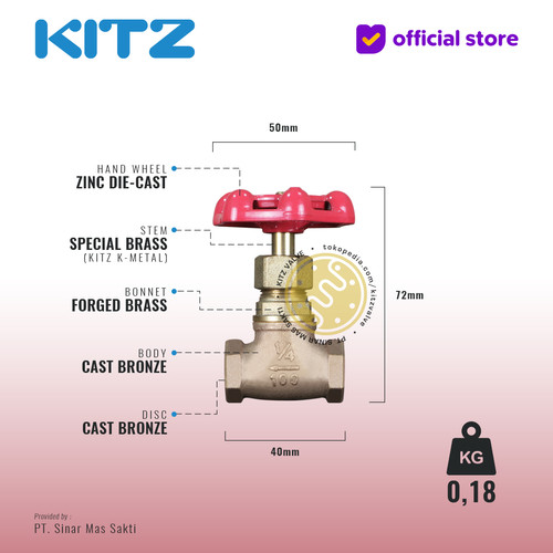 KITZ Bronze Globe Valve Fig. 100 A , 1/4" - 8A - 8mm , Drat / Screw