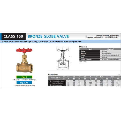 KITZ Bronze Globe Valve Fig. 150 C , 3/8" - 10A - 10mm , Drat / Screw