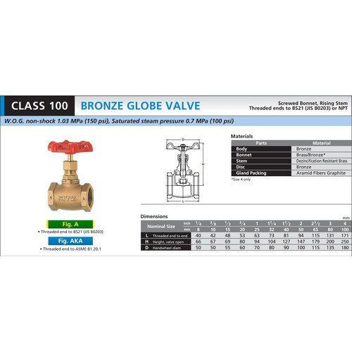 KITZ Bronze Globe Valve Fig. 100 A , 3/8" - 10A - 10mm , Drat / Screw