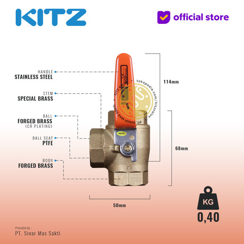3-Way Ball Valve KITZ Fig. 400 TN , 1/2" - 15A - 15mm , Drat / Screw