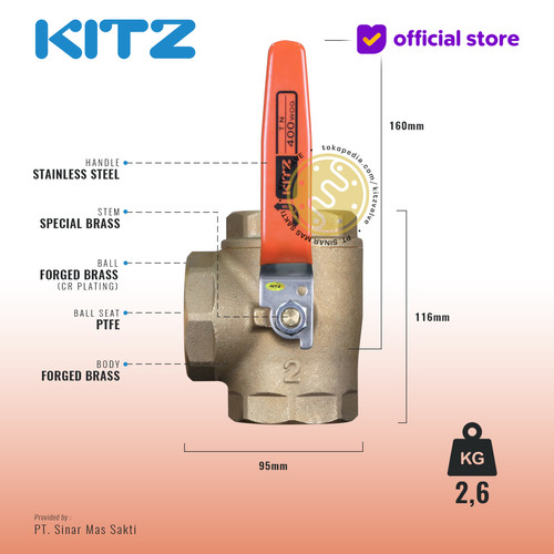 3-Way Ball Valve KITZ Fig. 400 TN , 2" - 50A - 50mm , Drat / Screw