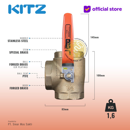 3-Way Ball Valve KITZ Fig. 400 TN , 1 1/2" - 40A - 40mm , Drat / Screw