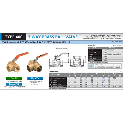 3-Way Ball Valve KITZ Fig. 400 TN , 3/8" - 10A - 10mm , Drat / Screw