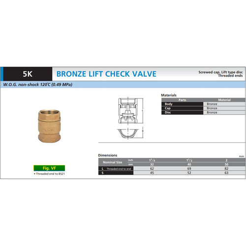 KITZ Tusen Klep Lift Check Valve Fig. 125 VF , 1 1/4" - 32mm , Drat
