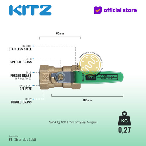 NPT Ball Valve KITZ Fig. 600 AKTK , 3/4" - 20A - 20mm , Drat Kasar