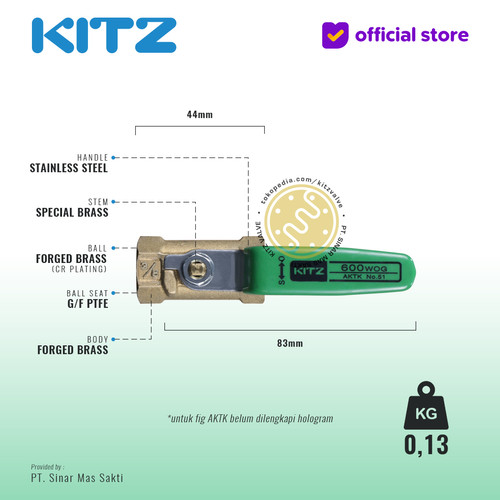 NPT Ball Valve KITZ Fig. 600 AKTK , 3/8" - 10A - 10mm , Drat Kasar