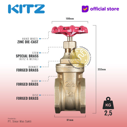 KITZ Brass Gate Valve Fig. 125 FH , 2 1/2" - 65A - 65mm , Drat / Screw