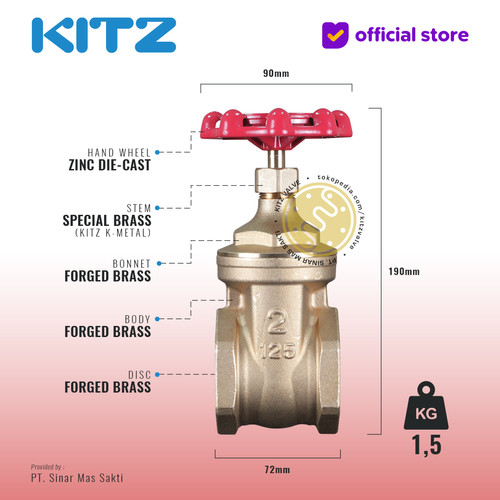 KITZ Brass Gate Valve Fig. 125 FH , 2" - 50A - 50mm , Drat / Screw