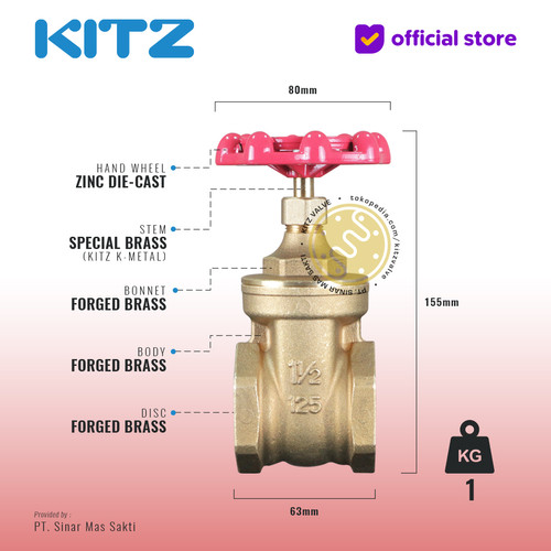 KITZ Brass Gate Valve Fig. 125 FH 1 1/2" - 40A - 40mm , Drat / Screw