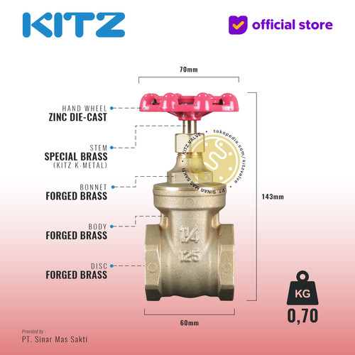 KITZ Brass Gate Valve Fig. 125 FH , 1 1/4" - 32A - 32mm , Drat / Screw