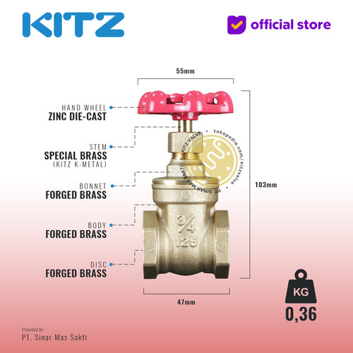 KITZ Brass Gate Valve Fig. 125FH 3/4" - 20A - 20mm , Drat / Screw