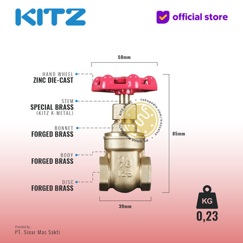 KITZ Brass Gate Valve Fig. 125FH , 3/8" - 10A - 10mm , Drat / Screw