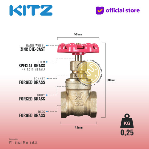 KITZ Brass Gate Valve Fig. 125FH 1/2" - 15A - 15mm , Drat / Screw