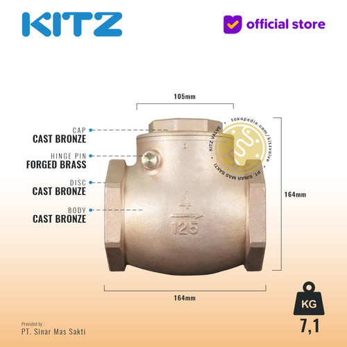 Klep Tabok / Check Valve KITZ Fig. 125 R, 4" - 100mm , Drat / Screw