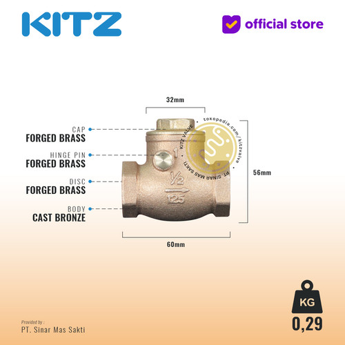 Klep Tabok / Check Valve KITZ Fig. 125 R, 1/2" - 15mm , Drat / Screw