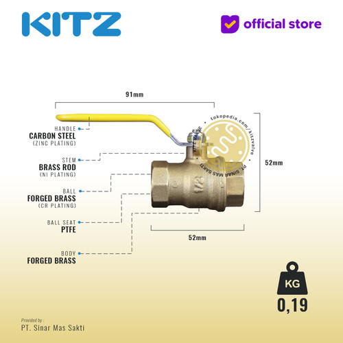 KITZ Full Port Ball Valve Fig. 600 SZA , 1/2" - 15mm , Drat Screw