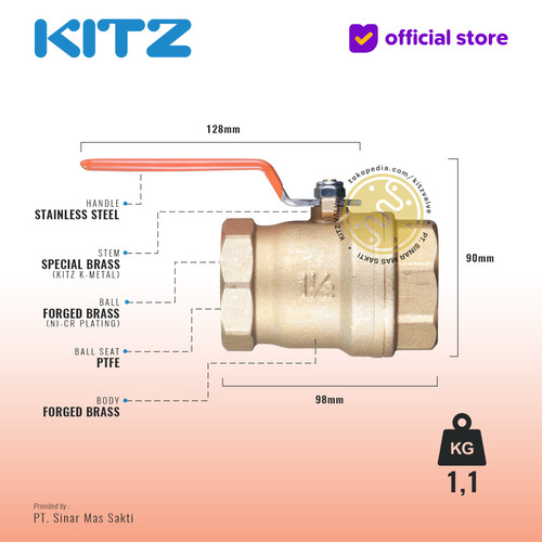 KITZ Brass Ball Valve Fig. 400 T , 1 1/2" - 40A - 40mm , Drat / Screw