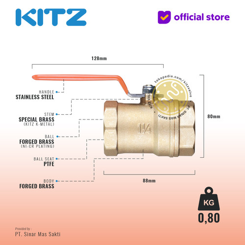 KITZ Brass Ball Valve Fig. 400 T , 1 1/4" - 32A - 32mm , Drat / Screw
