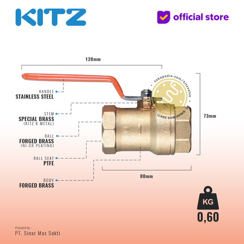KITZ Brass Ball Valve Fig. 400 T , 1" - 25A - 25mm , Drat / Screw